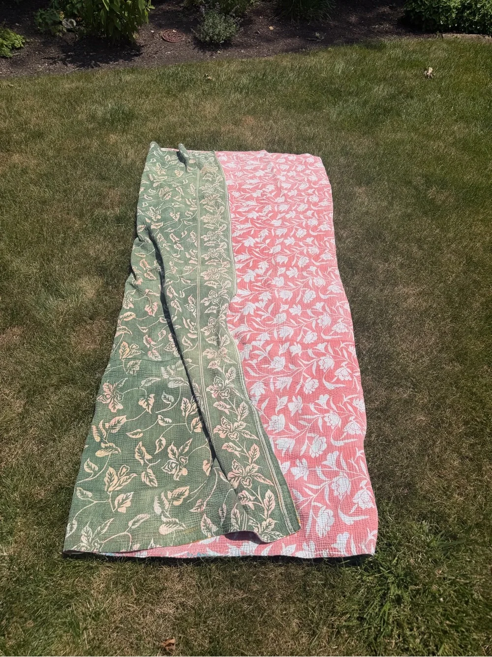 Green Floral Kantha Throw with Pink & Cream Accents